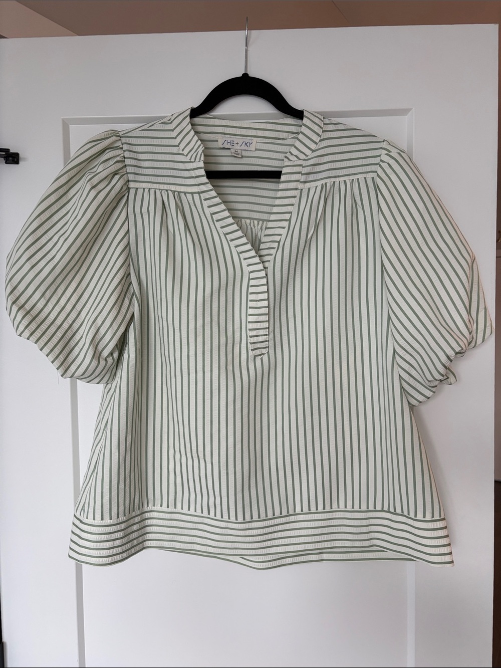 Striped Puff-Sleeve Blouse - Sage/White